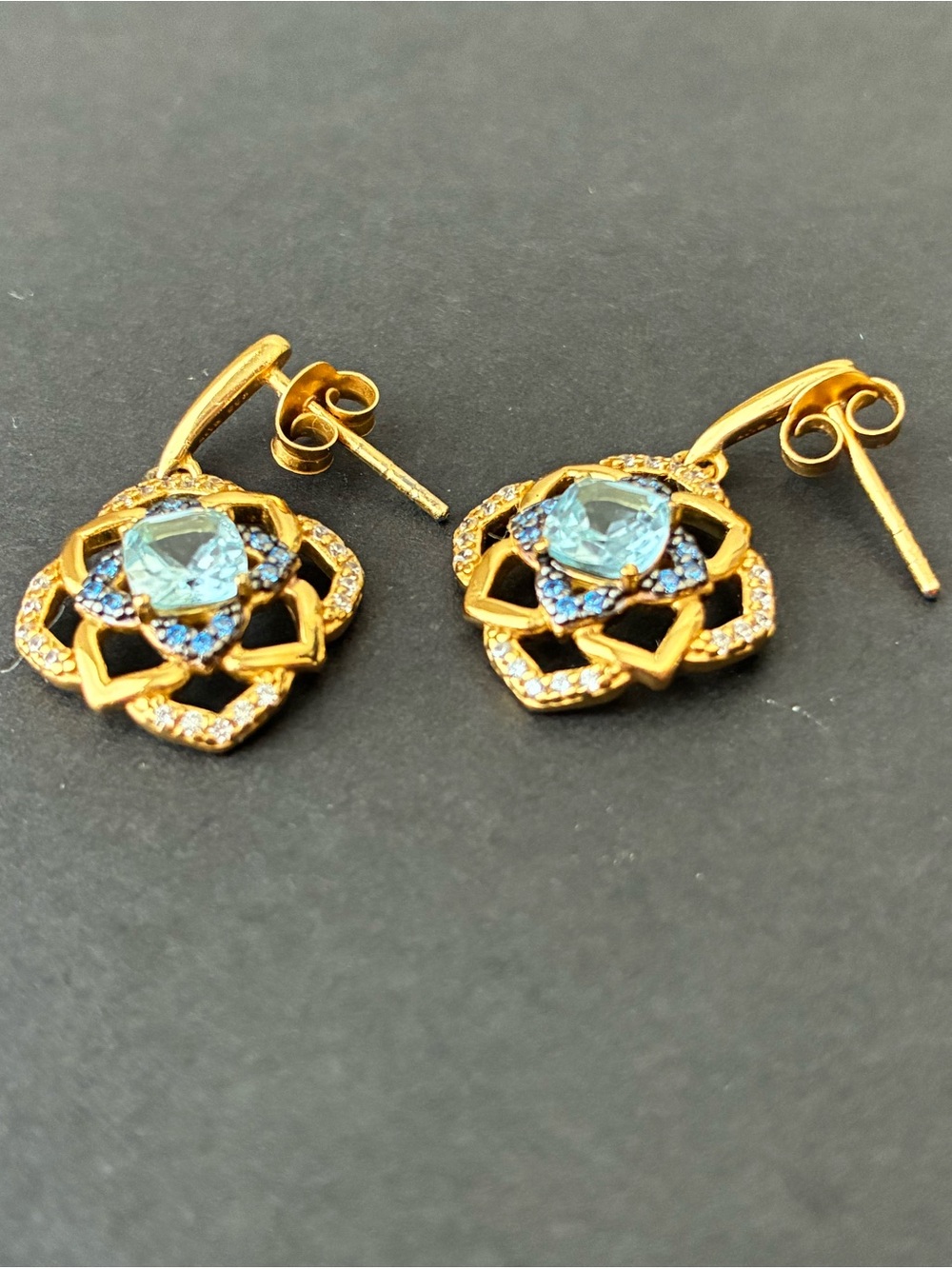 Gold-Tone Blue Crystal Floral Drop Earrings - 925 Sterling Silver